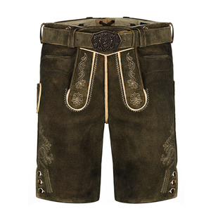Shorts en cuir d'agneau suédé vert olive pour hommes, style bavarois, avec ceinture et broderie ton sur ton, idéal pour l'Oktoberfest - Vente en gros OEM - Product Image 1