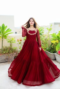 Hot Trending Pakistani Party Wear Dress Maroon Georgette Chiffon Anarkali Frock Heavy Embroidered Neckline <b>Wedding</b> Gown - Product Image 5