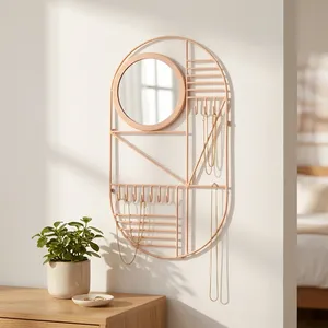 Artisan Design Oval Metal Wall <b>Mirror</b> Jewelry <b>Hooks</b> Modern Minimalist Design Decorative <b>Hanging</b> Pink Color Easy Installation - Product Image 4