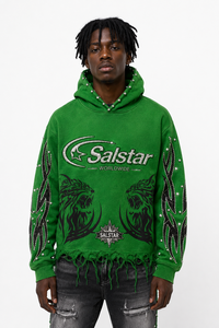 Sweat-shirt à capuche personnalisé vert vieilli avec strass pour homme, style streetwear, logo personnalisé, impression graphique et manches ornées - Product Image 3