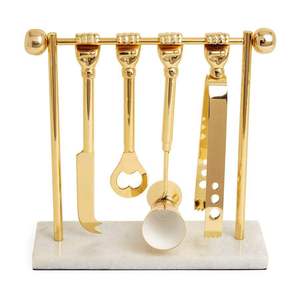 Ensemble de supports à outils de bar en marbre de luxe avec outils à cocktails en acier inoxydable doré, jigger, passoire, ouvre-bouteille, cuillère et support. - Product Image 5