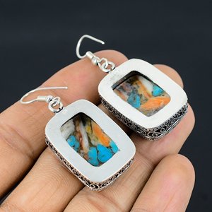 Turquoise Spiny Oyster Dangle Drop <b>Earrings</b> Vintage Bohemian Alloy Overlay <b>Hook</b> <b>Earrings</b> Beautiful Party Wear End Gifted Pair - Product Image 4