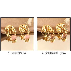 Boucles d'oreilles en laiton plaqué or 18 carats avec panthère et pierre ovale délicate en quartz rose œil de chat hydro, vente en gros - Product Image 1