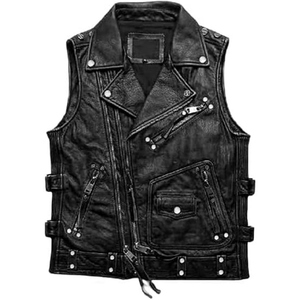 Chaleco de Cuero Genuino Marrón Vintage Personalizado para Hombre, Chaleco de Motociclista, Cremallera Asimétrica, Estilo Punk, Fabricante OEM - Product Image 2
