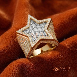 Bague étoile Iced Out pour homme, plaqué or 18 carats, diamant Moissanite VVS, style Hip Hop, coupe baguette, étoile à cinq branches, bague statement - Product Image 4