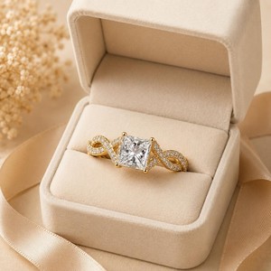 Bague de Mariage en Or Massif 10K 14K 18K, Modèle Torsadé Pavé, avec Diamants de Laboratoire Ronds et Taille Princesse, Couleur DEF, Pureté VS VVS, Certifiés IGI - Product Image 1