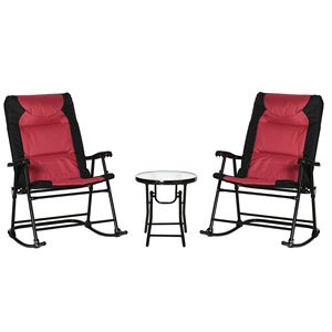 Set di Mobili da Esterno Stile Bistrot in 3 Pezzi: Tavolino in Vetro e 2 Sedie a Dondolo Pieghevoli Imbottite per Veranda e Campeggio - Product Image 1