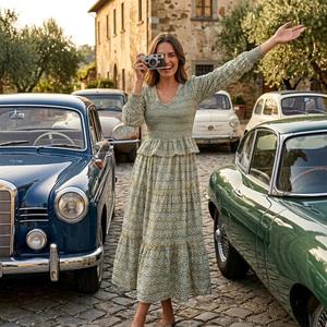 Robe longue bohème pour femme, 100% coton tissé, imprimé à la main, taille empire smockée, motif floral vintage, automne été - Product Image 1