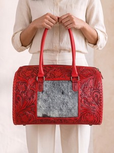 Red Embossed Leather <b>Duffel</b> <b>Bag</b> Floral Pattern Zipper Handled Travel Weekender Purse for Daily Use Durable Waterproof Polyester - Product Image 4