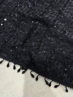 Sari long en satin noir perlé, brodé de sequins et de paillettes, imprimé, doux et infroissable, pour femmes, idéal pour les mariages indiens et les fêtes.