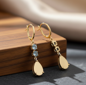 <b>Blue</b> Hydro <b>Topaz</b> 5MM Round <b>Blue</b> <b>Topaz</b> Drop <b>Earrings</b> 925 Sterling Silver 18K Gold Plated Dangle <b>Earrings</b> Wedding Jewelry - Product Image 2