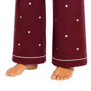 Ensemble pyjama femme bordeaux à manches longues, cardigan court et pantalon large imprimé cœurs, doux, respirant, pour la détente et le sommeil, personnalisable - Product Image 3