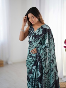 Sari en soie Chinnon de qualité supérieure, sari de créateur pour femmes, vêtement ethnique, sari à imprimé floral en Chinnon avec blouse non cousue - Product Image 6