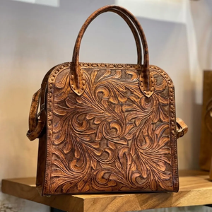 Hand-Tooled Genuine Leather Handbag for Women – Vintage Floral Carved <b>Shoulder</b> & Tote Bag - Product Image 5