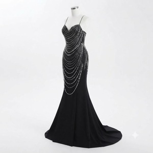 Robe de soirée sirène noire à perles et strass, dos nu, asymétrique, longue, pour soirée - Product Image 5