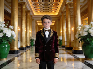 Traje de Fiesta para Niños, Color Borgoña, Terciopelo, Doble Botonadura, con Bordado Dorado, Ropa Formal para Bodas - Product Image 1