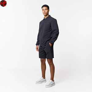 Mens Nylon <b>Jacket</b> Set Long Sleeve <b>Zip</b> <b>Up</b> Turn-Down Collar Double Pocket Casual Workwear Outerwear Shorts Set - Product Image 1