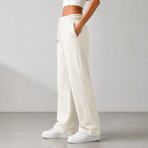 Women Cream Knitted Wide Leg Pants Mid Waist Loose Fit Full Length Casual Solid Color Drawstring Elastic Waist Fleece Sweatpants - Product Image 3