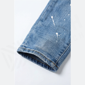 Jean en denim déchiré et délavé coupe slim pour homme, jambe droite, en coton, style décontracté bleu printanier - Product Image 6
