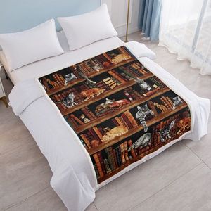 Vintage Kitten Sherpa Blanket Cat in Bookshelf Design <b>Throw</b> Blanket <b>for</b> Librarian Book Lovers Fleece <b>Bed</b> Couch Sofa Gift - Product Image 3