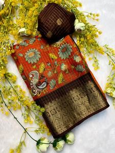 Soft Dola Silk Stylish Party Sarees with Kalamkari Design Jecqurd Butta Contrast Zari Weaving Hamsa Borders Blouse Shown in <b>Pic</b> - Product Image 6