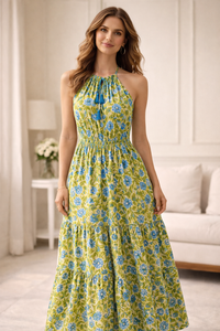 Green Floral Hand Block Print Panel Dress V Neck Sleeveless Neck Tussle Women Summer Wear Handmade Masterpiece Cotton Gown - Product Image 2