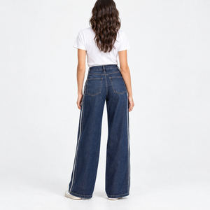 Jeans de Mezclilla de Cintura Alta y Pierna Ancha para Mujer, con Franja Lateral, Color Índigo Oscuro, Marca Privada OEM - Product Image 2