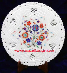 Most Attractive Hand Carving Design <b>White</b> Marble Inlay <b>Round</b> Shape Plate For Home Decorative And Wedding Gift Purpose - Product Image 3