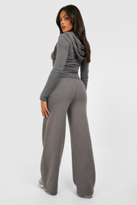 Ensemble décontracté gris pour femme : pull court à capuche tissé et pantalon large, coupe ample, couleur unie, respirant, idéal pour l'hiver et le quotidien - Product Image 4