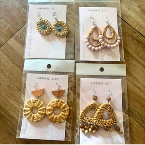 TUYET DUNG Boho Rattan Drop <b>Earrings</b> Natural Fiber Handmade Classic Folk Art Wedding Made in Vietnam - Product Image 4