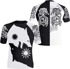 Camiseta de Compresión Deportiva para Hombre, Manga Corta, Diseño Yin Yang con Estampado de Lobo, Negro y Blanco, Estilo Tribal Dragón, para Entrenamiento Atlético y Gimnasio - Product Image 1