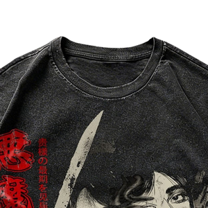 T-shirt graphique vintage 100% coton noir délavé, manches raglan courtes, col rond, streetwear décontracté, mode urbaine imprimée, vente en gros - Product Image 5