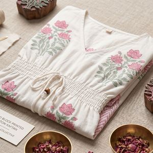 Floral Block Prints Blush Boom <b>Kaftan</b> Handwoven Cotton Elegant Fashion Dresses for Leisure Free Size" - Product Image 5