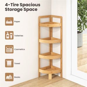 Scaffale da Bagno in Bambù con 4 Ripiani, Mensola Angolare da Cucina in Acciaio con Finitura in Alluminio - Product Image 5