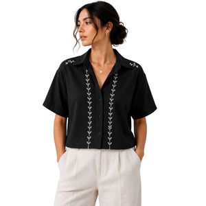 Camisa Corta Negra Bordada Personalizada para Mujer, Blusa Casual de Verano con Botones, Top de Moda con Logotipo Personalizado, Mezcla de Lino - Product Image 1