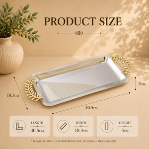 Luxury Stainless Steel <b>Rectangular</b> Serving Tray with <b>Gold</b> Leaf Handles <b>Mirror</b> Finish Rust Resistant Luxury Display Platter - Product Image 2