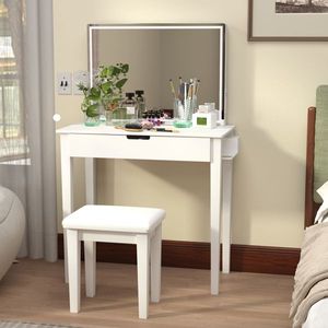 Set Toeletta Illuminata con 1 Cassetto Portaoggetti, Tavolo da Trucco e Specchio per Camera da Letto, Tavolo da Toeletta per Cosmetici - Product Image 1