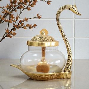 Bocaux de conservation en laiton en forme de cygne avec couvercles et cuillères métalliques, design vintage pour la cuisine - Product Image 3