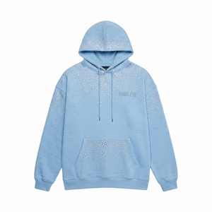เสื้อฮู้ดดี้ผู้ชายผ้าฝ้ายปักลายเพชรแบบสตรีทแวร์ทรงโอเวอร์ไซส์สีฟ้าอ่อน ดีไซน์ทั่วตัว - Product Image 4
