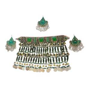 Afghan Tribal Jewelry Set In Deep <b>Red</b> Featuring Statement Choker Necklace With Round And Square Glass Stones Matching Earrings - Product Image 1