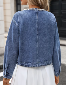 Chaqueta vaquera para mujer con pedrería y estampado floral, transpirable, azul lavado a la piedra, para otoño - Product Image 3