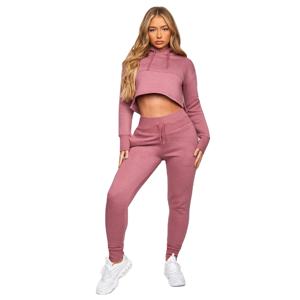 Women Pink Hooded Crop Top <b>Tracksuit</b> Set Full Length Pants Solid Color Casual Autumn Wear Breathable Spandex Cotton Material - Product Image 5