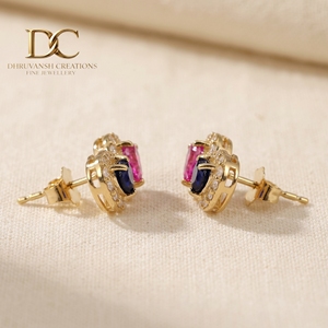 ต่างหูเพชรเพาะเลี้ยงทองคำแท้ 14KT สีเหลือง พร้อมทัวร์มาลีนสีชมพูและไพลินสีน้ำเงินเข้ม เครื่องประดับ IGI คุณภาพสูงสำหรับผู้หญิง - Product Image 3