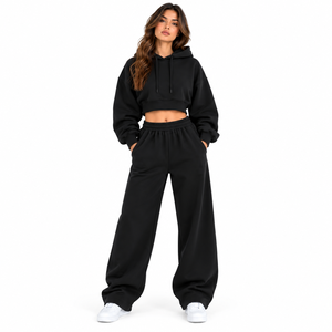 <b>Women's</b> Black Hooded Tracksuit Set Full Sleeve Solid Color Loose Fit Casual Sweatshirt And <b>Pants</b> With Side Pockets - Product Image 1