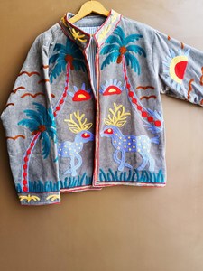 Veste Suzani pour femme avec broderie audacieuse motif Palmes et Soleil, style bohème folklorique, vêtement d'extérieur, manteau cousu artisanal, blazer chic bohème pour femme - Product Image 5
