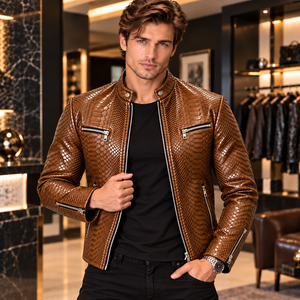 <b>Mens</b> <b>White</b> Embossed Snake Leather <b>Jacket</b> Slim Fit Biker Coat with Breathable Silk Lining Winter Streetwear - Product Image 5