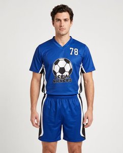 เสื้อฟุตบอลโพลีเอสเตอร์ระบายอากาศได้ดีสำหรับผู้ชาย ปรับแต่งได้ตามต้องการ สีน้ำเงิน แต่งแถบข้างสีขาวและดำ ชุดกีฬาสำหรับมืออาชีพ - Product Image 4