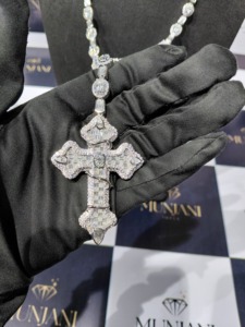 925 Sterling Silver VVS Moissanite Cross <b>Rosary</b> Necklace Oval Emerald Cut Tennis Chain Christian Hip Hop Jewelry Pass Diamond Te - Product Image 5