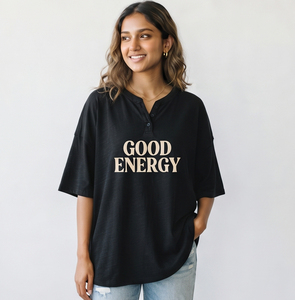 T-shirt Henley décontracté pour femme, style streetwear, éco-responsable, imprimé, à épaules tombantes, en polyester/coton, manches courtes, respirant, boutonné - Product Image 6