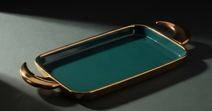Plateau rectangulaire décoratif en métal émaillé avec poignées en laiton poli, plateau de service vert foncé, centre de table pour salle à manger - Product Image 5